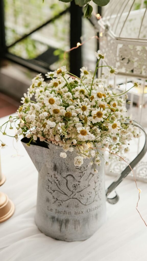 Charming chamomile flowers arranged in a vintage watering can, perfect for rustic décor inspiration.